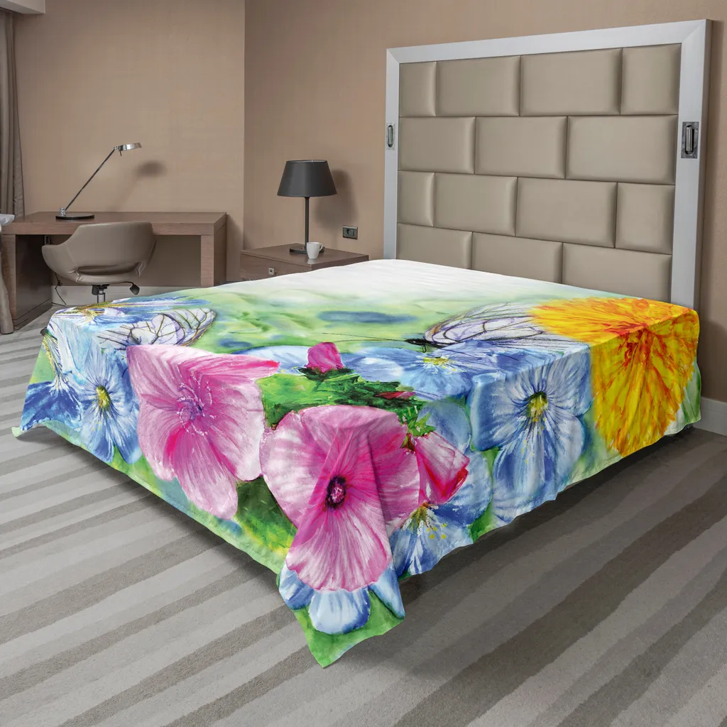 Drap de lit plat doux anti-froissage motif iris et fleurs sauvages