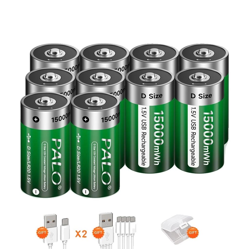 PALO D Größe Batterien, 15000mAh Kapazität, USB wiederaufladbar, 10PCS Batterie