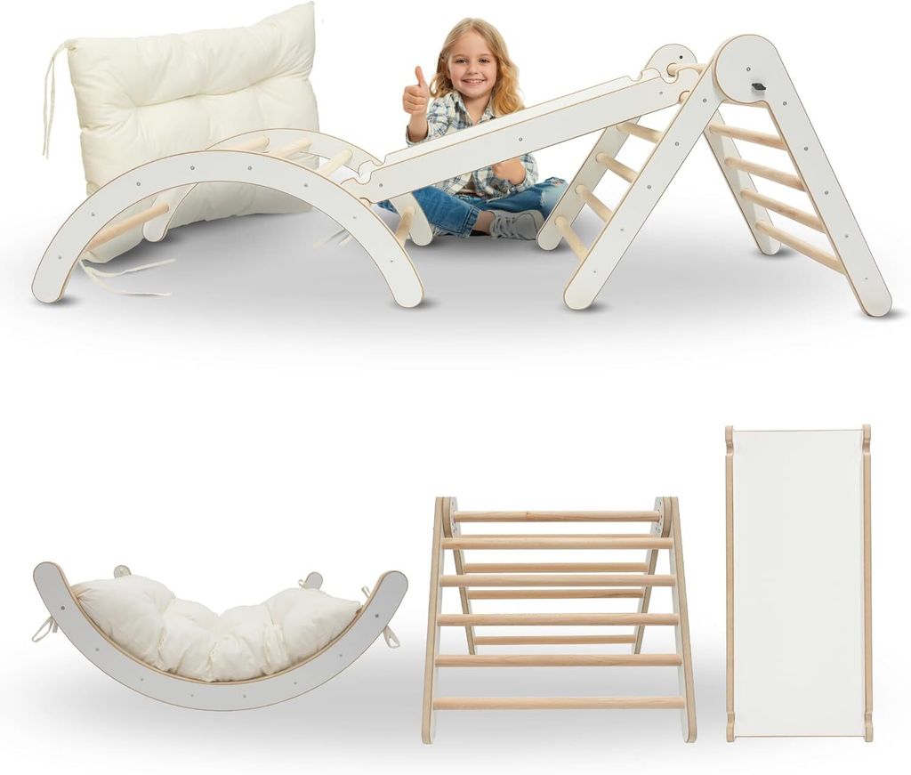 MAMOI Klettergerüst Kletterdreieck Indoor 4 in 1 SET. Montessori Kletterbogen mit Kissen, Indoor Spielplatz 1-3 Jahre und Rutsche für Kinder.