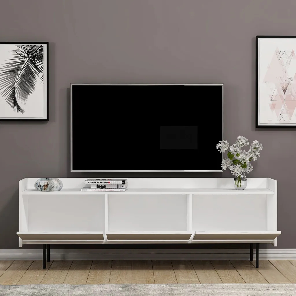 Grand Meuble TV Blanc Atlas - Finition Anti-Rayures et Support Robuste