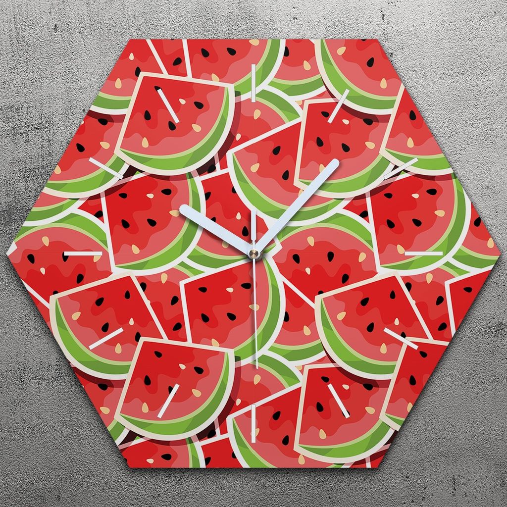 Uhr hexagonal 40 cm Glas Geräuschlos weiße Zeiger - Wassermelone Frucht