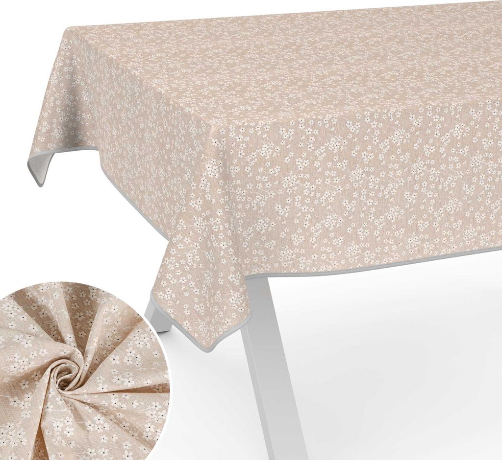 Tischdecke Schneeflockenblume aus Textil mit Blumen Pflanzen wasserabweisend Tischtuch Tischwäsche Aquarell Beige Breite 120cm Länge 180cm mit Pa...