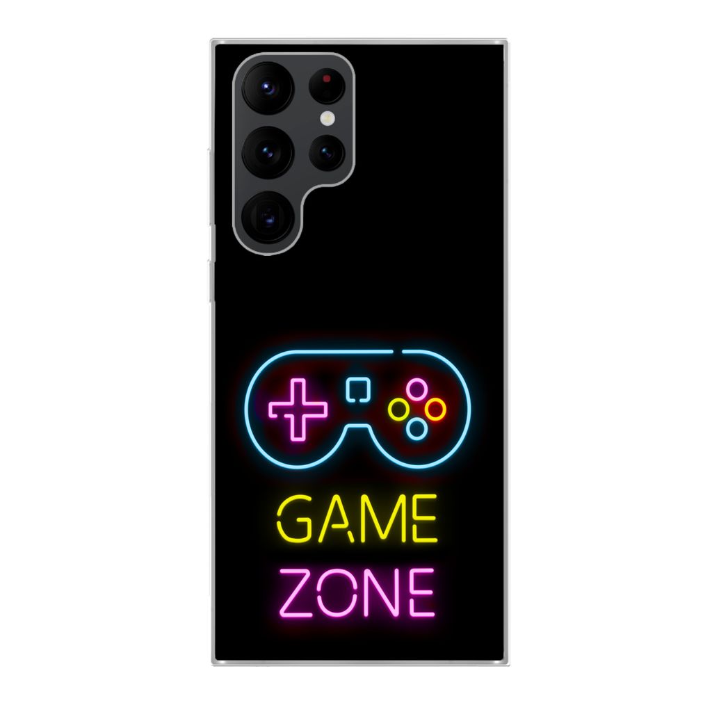 MuchoWow Handyhülle Schutzhülle Hülle für Samsung Galaxy S22 Ultra Controller - Spiel - Neon - Schwarz - Zitate - Spielzone Silikon Softcase ...