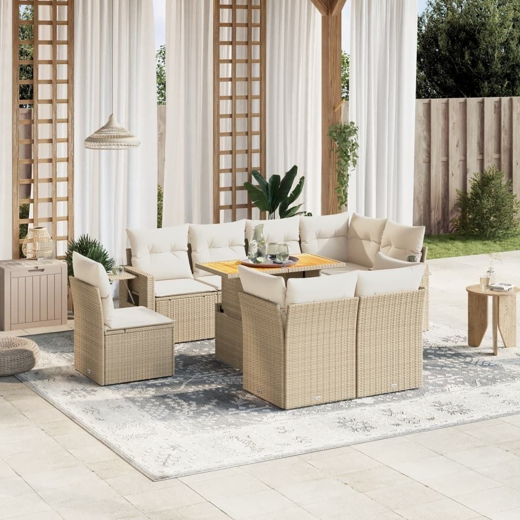 "Rabatt" 9-tlg. Garten-Sofagarnitur - mit sofa - mit Kissen Beige Poly Rattan - Lounge-Dining set CC10626