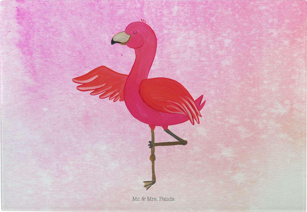 Mr. & Mrs. Panda Schneidebrett Flamingo Yoga - Aquarell Pink - Geschenk, Yogi, Entspannung, Namaste, Achtsamkeit, Glas, Frühstücksbrett, Urlaub, ...