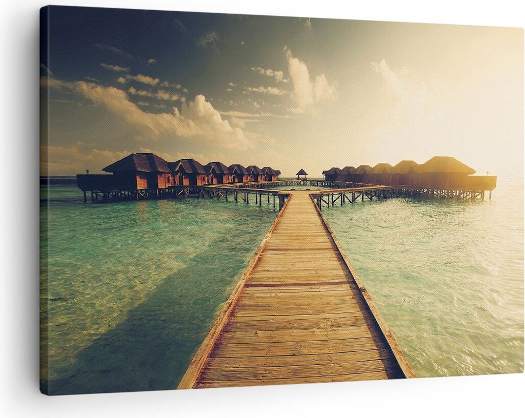 Bild auf Leinwand - Leinwandbild - Einteilig - Malediven Ferienhäuser Wasser - 70x50cm - Wand Bild - Wanddeko - Wandbilder - Leinwanddruck - Bilde...