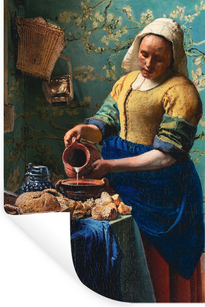 MuchoWow Wandtattoo Wandsticker Wandaufkleber Milchmädchen - Mandelblüte - Van Gogh - Vermeer - Gemälde - Alte Meister 80x120 cm Selbstklebend...