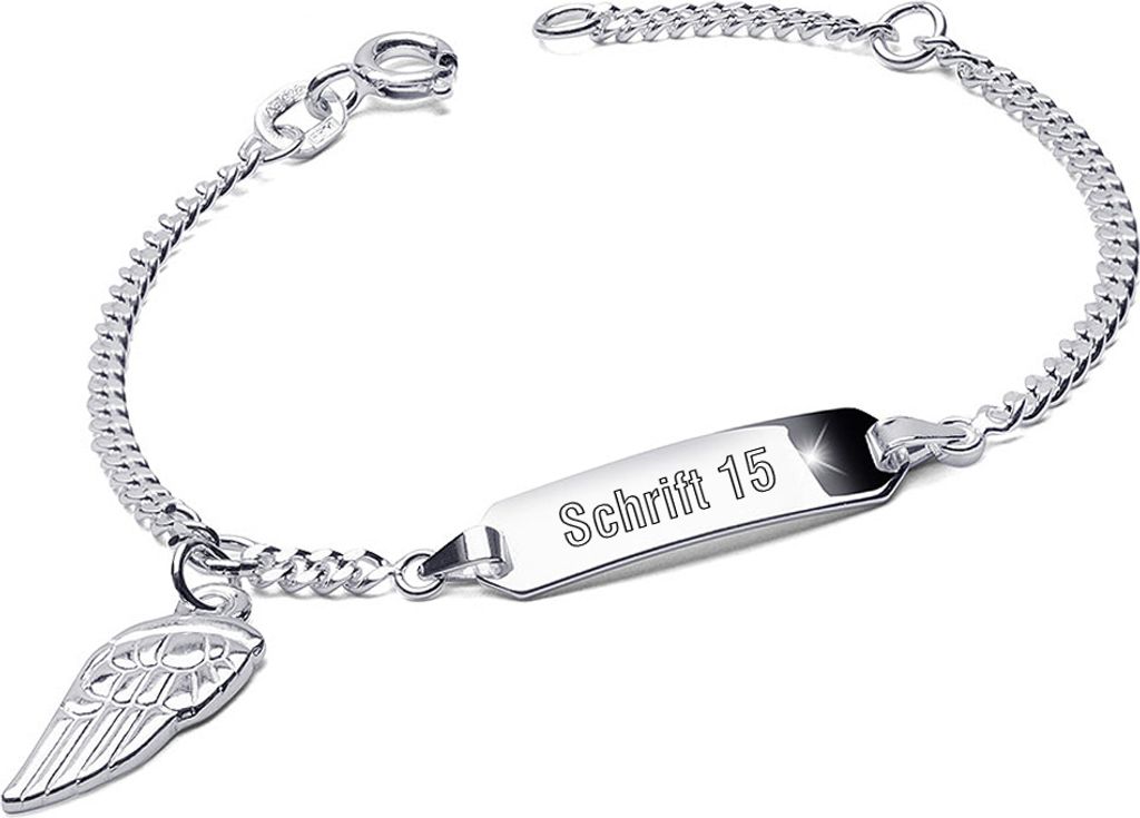 MATERIA by Matthias Kinder Armband mit Gravur und Flügel Anhänger 925 Silber Armkette Mädchen Schmuck 12-14cm SA-48