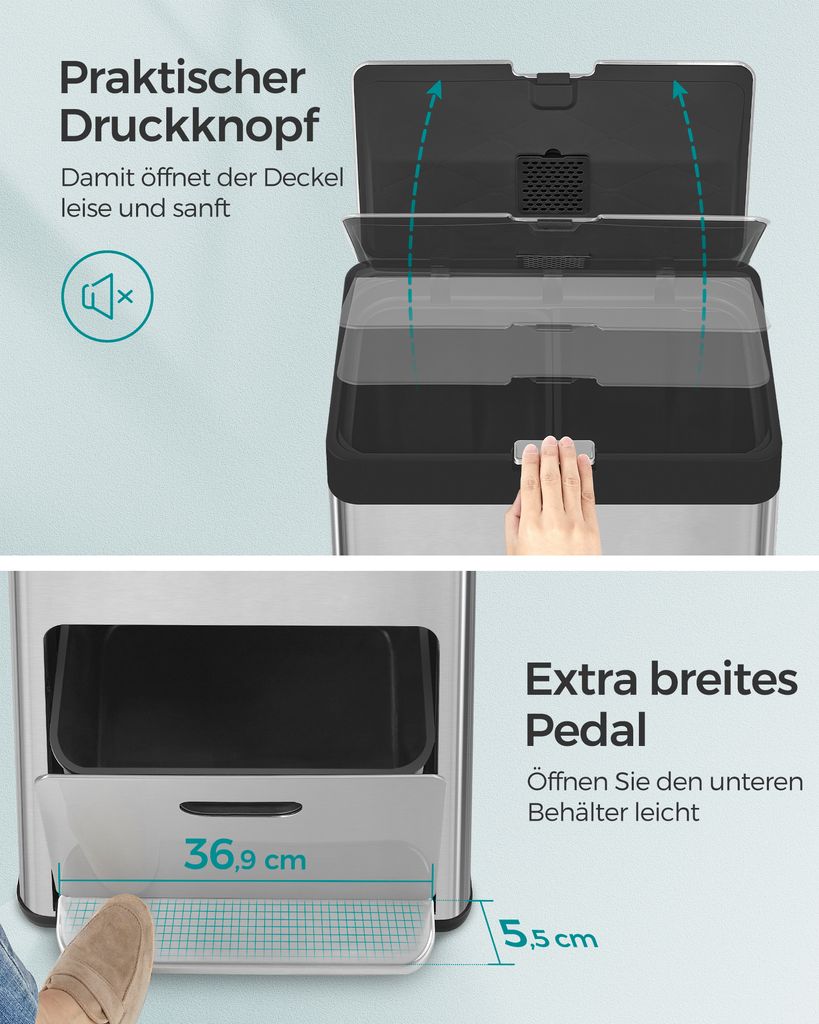 SONGMICS Mülleimer Küche, 60L Mülltrennsystem 3 Fächer Produktbild 9