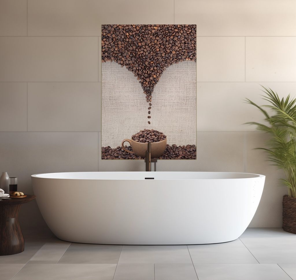 Wallario wasserfestes Poster selbstklebend 70 x 100 cm, Tasse mit Kaffeebohnen - Kaffeedesign, Badezimmerposter Spritzschutz mit Hochglanzoberfläc...