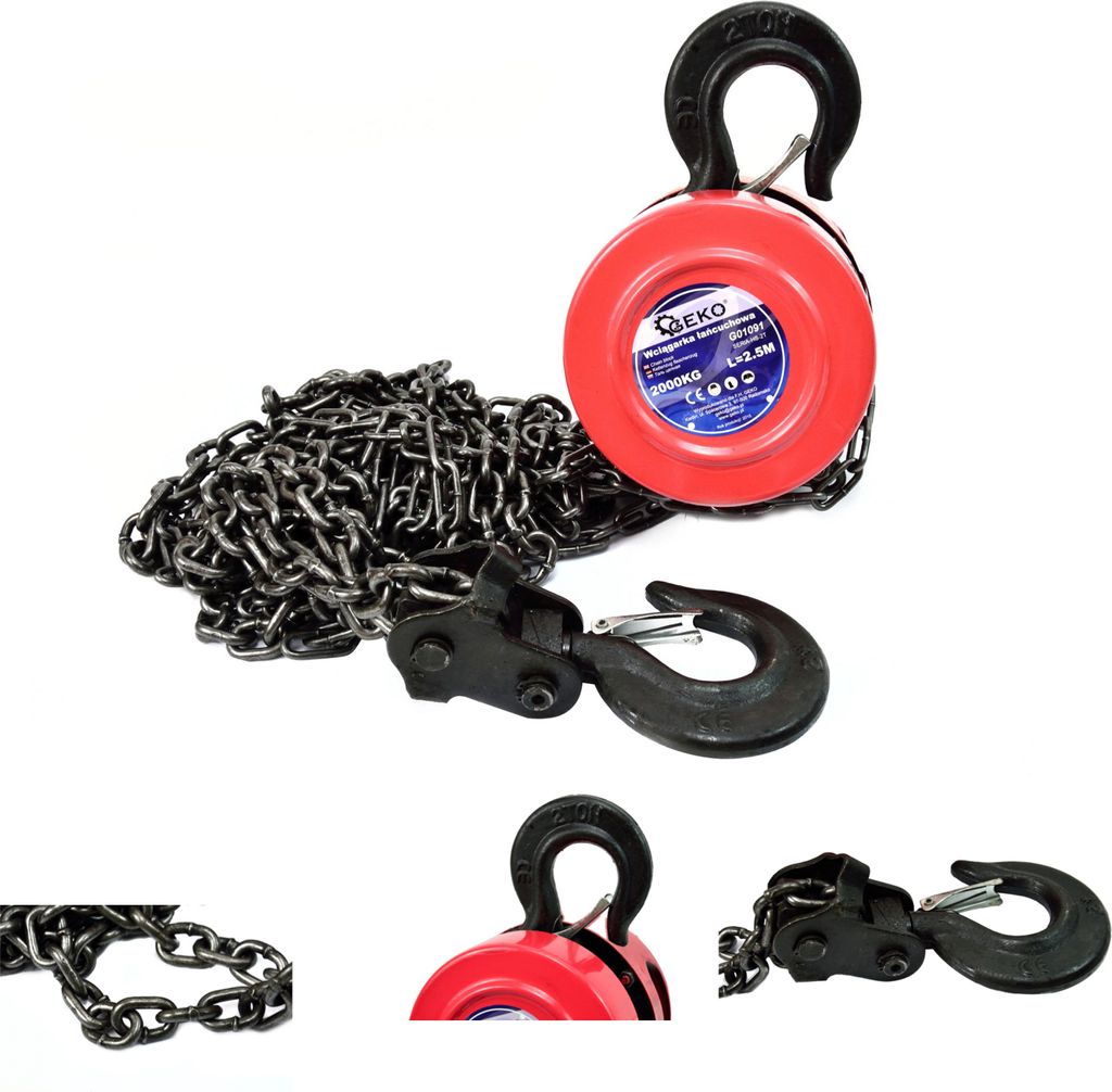 A red chain hoist with a black chain and hooks, presented on a white background with several close-up views of its components.