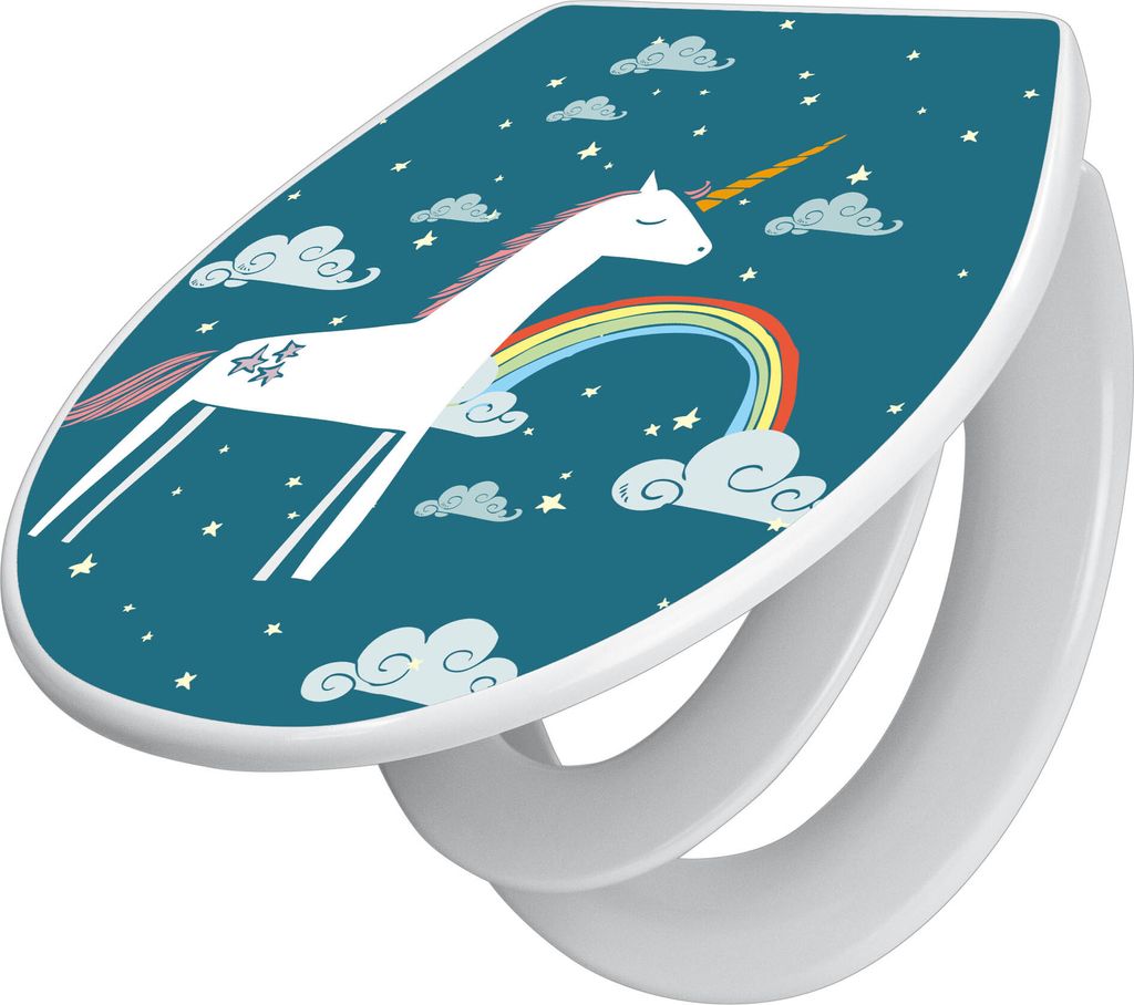 banjado Familien WC Sitz mit Absenkautomatik 37x44,5x5cm -Einhorn - Klodeckel/Klobrille mit kindersitz aus hochwertigem Polypropylen - universeller...