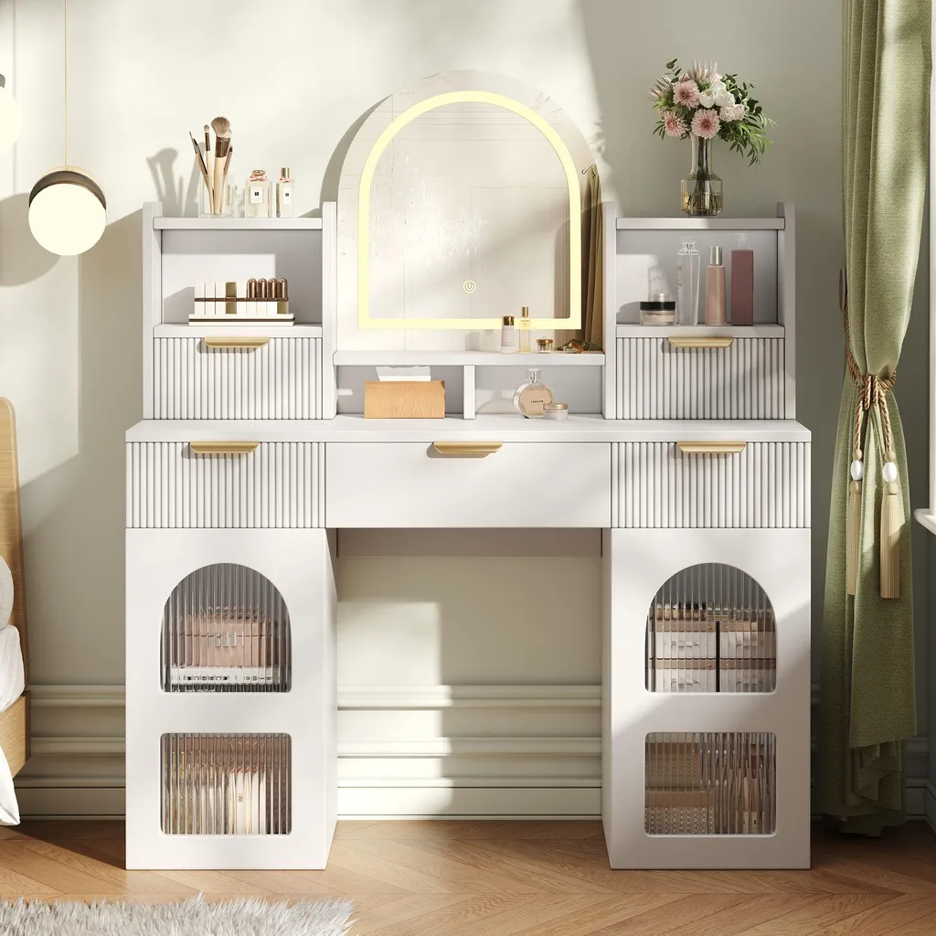 Coiffeuse avec miroir LED tactile, 3 tiroirs et vitrine, commode blanche - 2