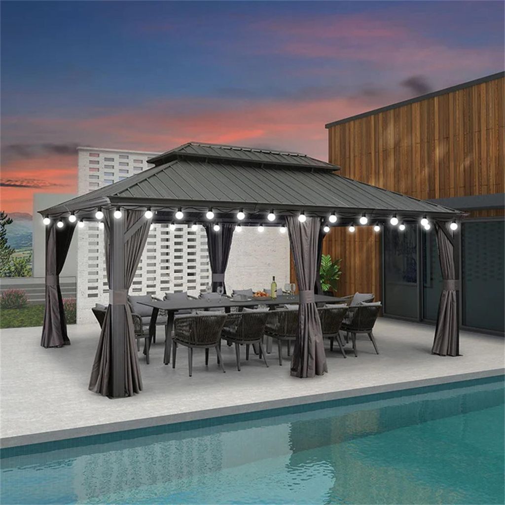 PURPLE LEAF Hardtop Pavillon 3.65x5.45m wasserdicht winterfest und stabil für den Garten,Grau,mit Beleuchtung