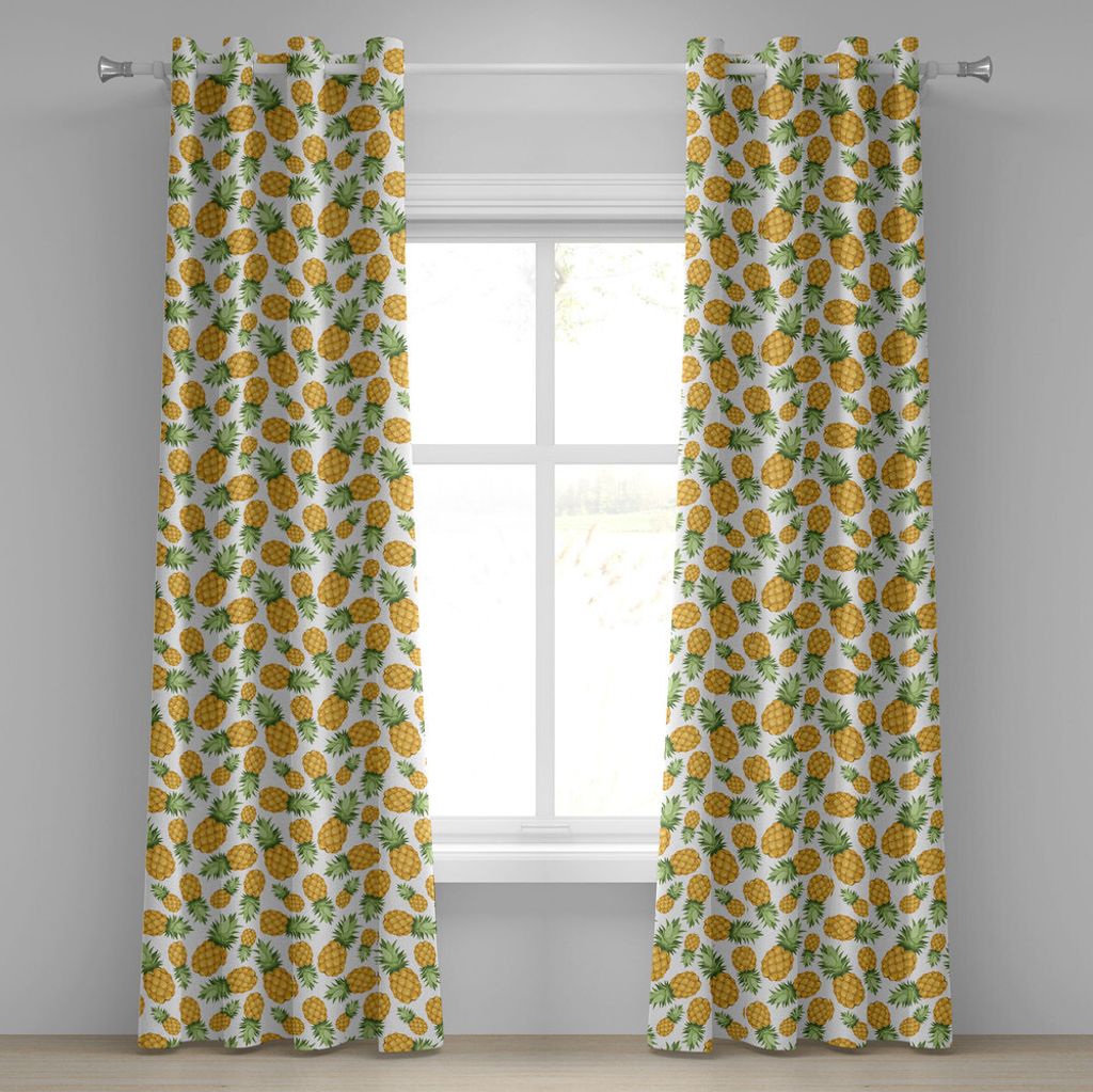 ABAKUHAUS Gelb und Weiß Ösenvorhang, Ananas-tropisches Klima trägt süßes reifes saftiges Lebensmittel Früchte, Dekorative 2-Panel-Fenstervorh...