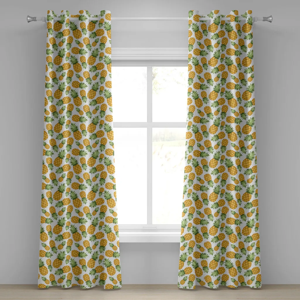 Rideau ananas tropical jaune en tissu souple avec œillets 2 panneaux