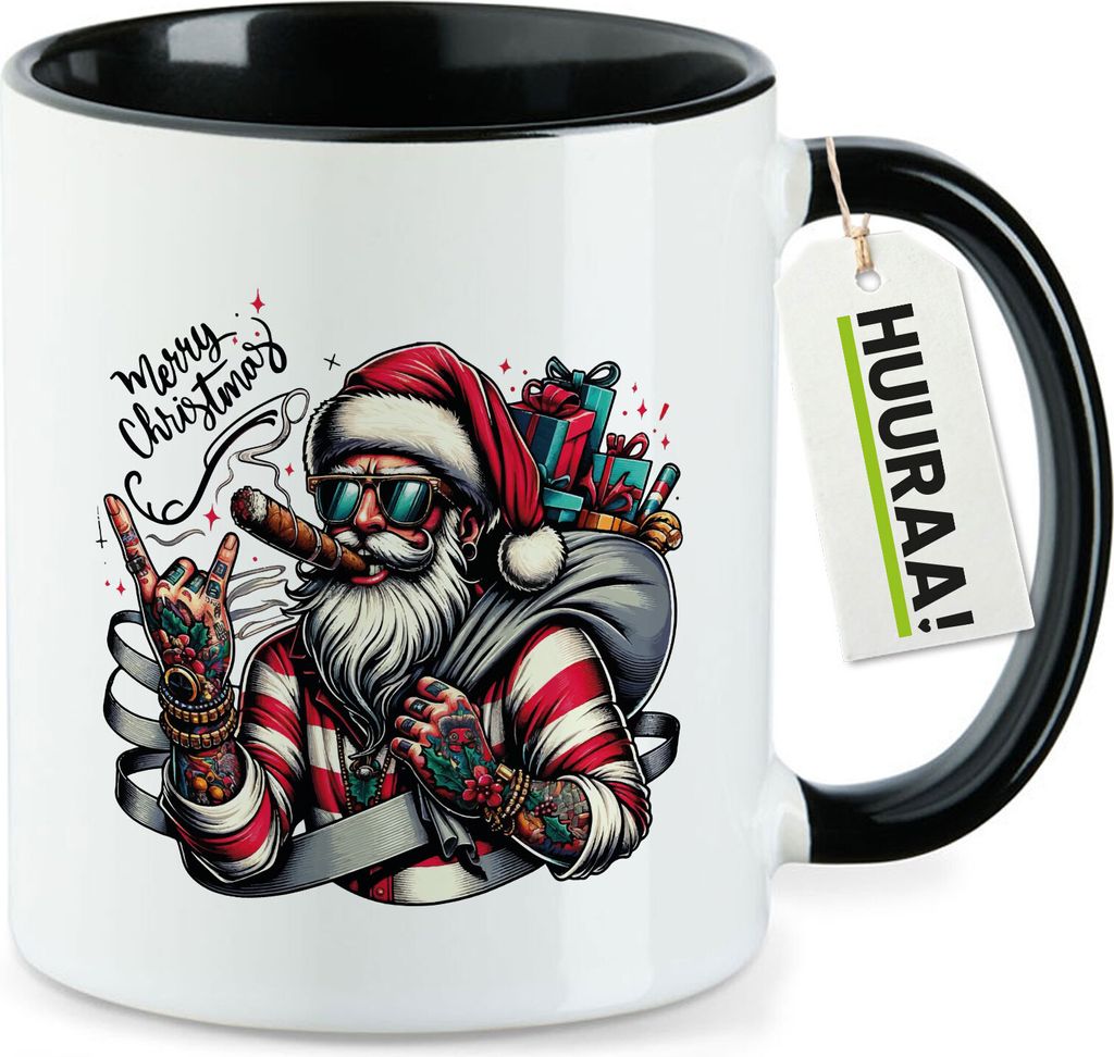 Huuraa Kaffeetasse Cooler Weihnachtsmann Merry Christmas 330ml Schwarz Keramik Kaffeebecher Geschenkidee