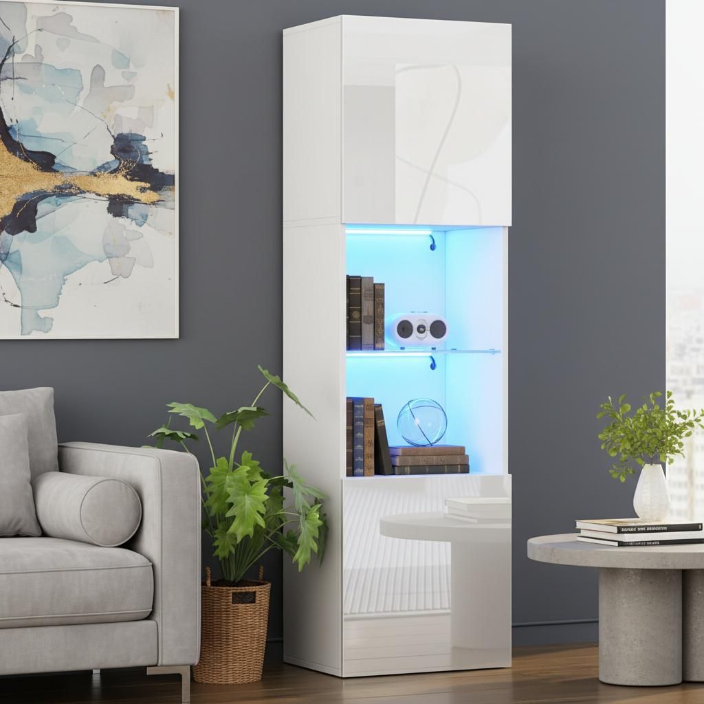 okwish Vitrine,Hochschrank,45*35*160 cm,Aufbewahrungsschrank,Highboard,Beistellschrank, Lagerschrank mit LED-Beleuchtung 1 Glasboden,Weiß