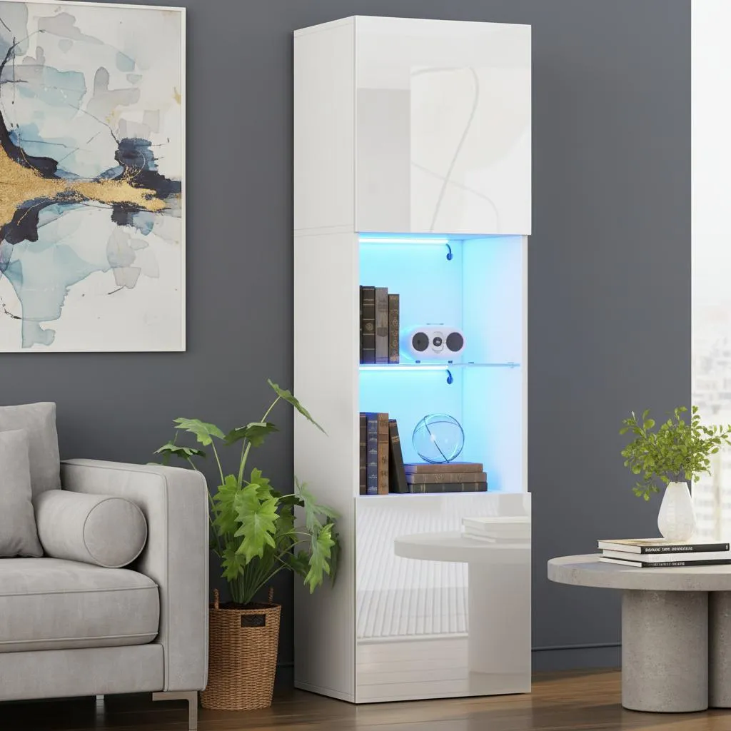 Vitrine blanche avec étagère en verre et système LED intégré 160 cm