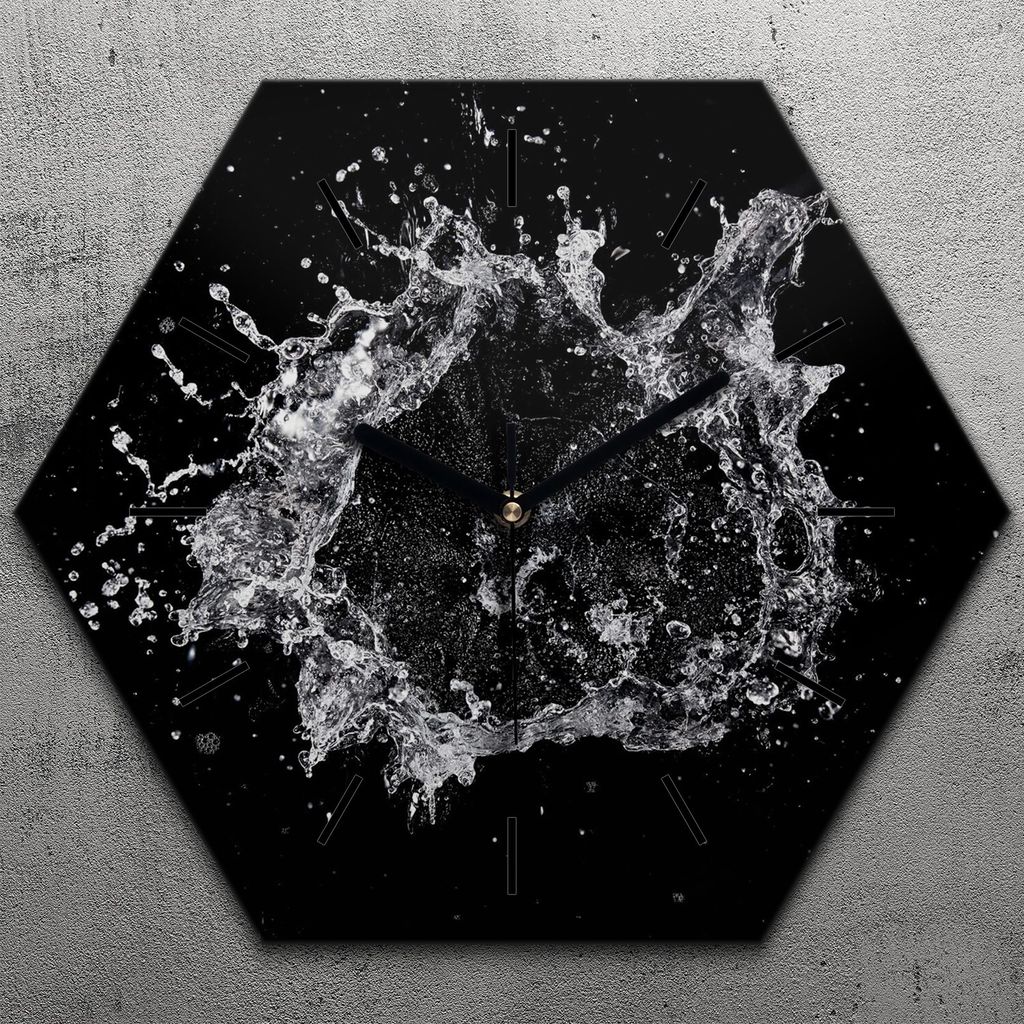 Uhr hexagonal 40 cm Glas Geräuschlos schwarze Zeiger - Spritzen Wasser