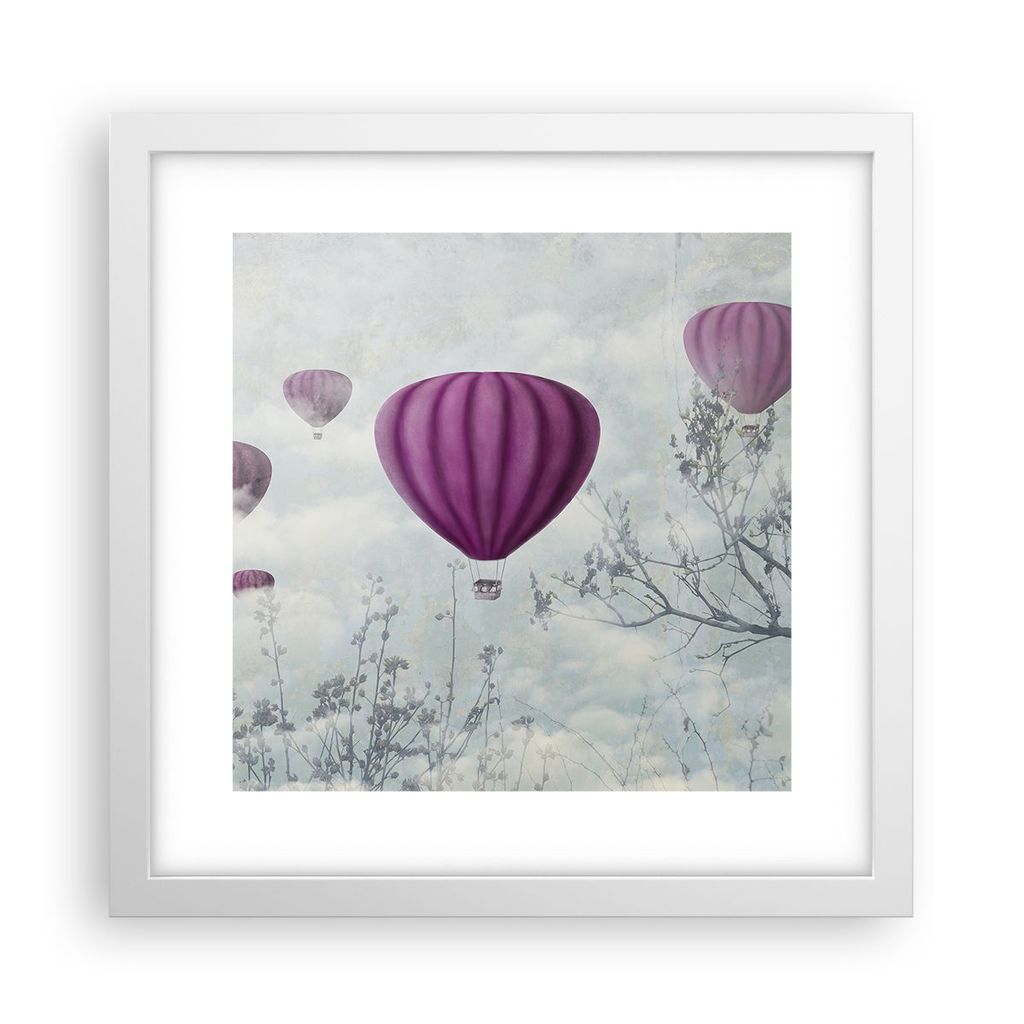 Gerahmtes Poster - Weißer Rahmen - Ballon Baum Flug - 30x30 cm - Wand Bild - Wanddeko - Wandbilder - Kunstposter - Wandposter - Bilderrahmen - Bil...