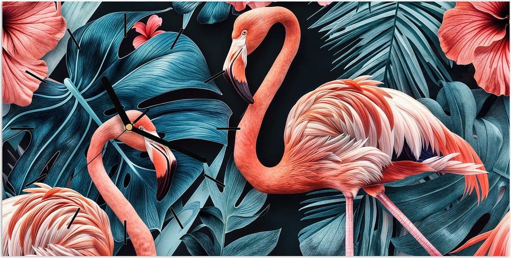 Wanduhr aus Glas mit Motiv Flamingos und Blumen- 60 x 30 cm - inkl. Aufhängesystem