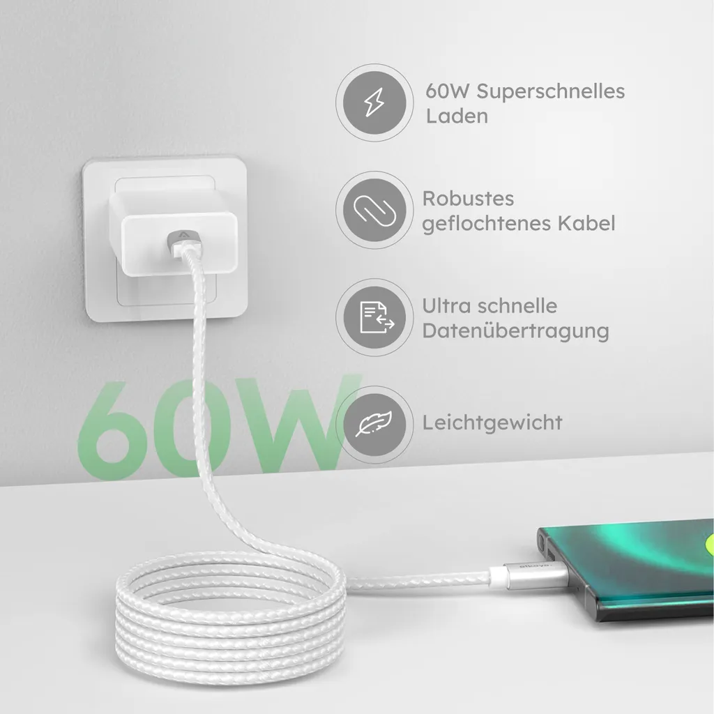 Alkaya Speed Flex: Cavo USB-C 2m 60W Robusto per Viaggiatori e Ufficio - 3