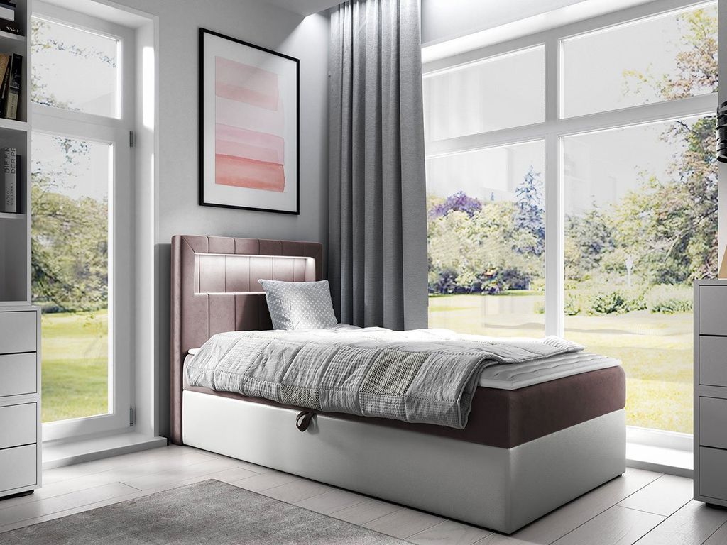 MIRJAN24 Boxspringbett Gold Junior 1 90x200, Einzelbett mit Bonellfederkern, Härtegrad - H3 (Farbe: Soft 017 + Fresh 09, Seite zum Öffnen des Bet...