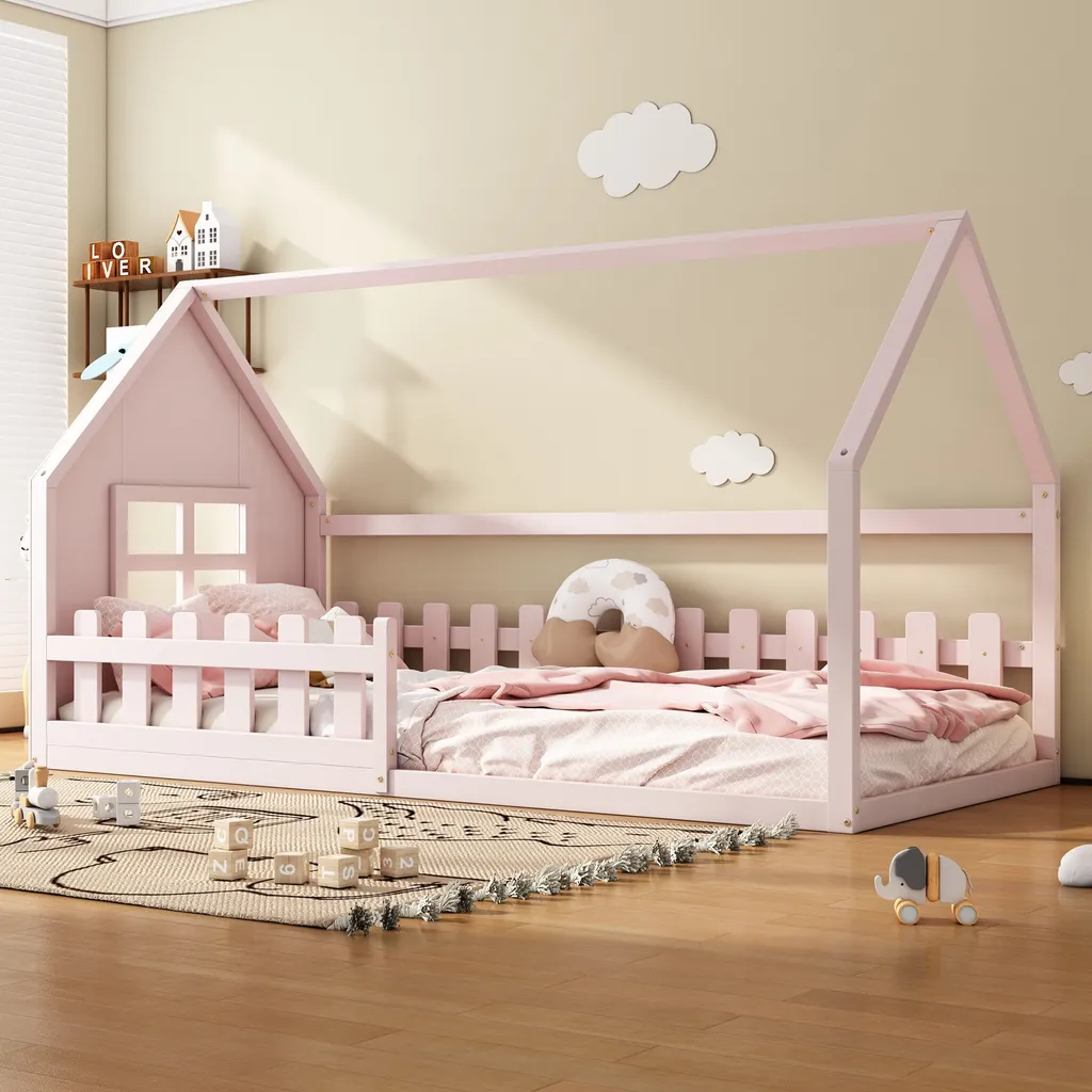 Lit Cabane Rose 90x200cm : Sécurité et Autonomie pour Sommeil Enfant