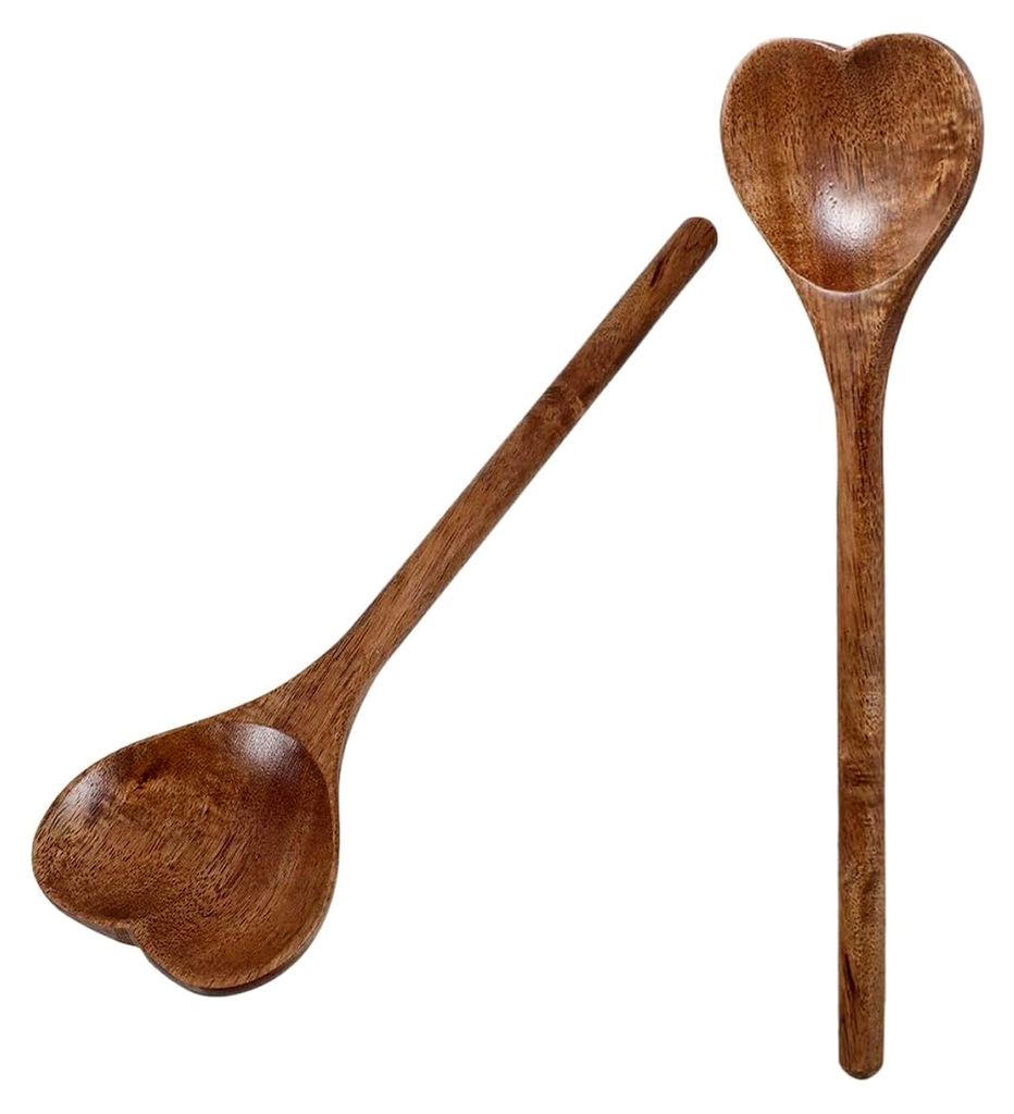 2 Stück herzförmige Holzlöffel aus Akazie – Multifunktionale kleine Koch- und Dessertlöffel mit glattem Griff für Küche, Café und Haushalt