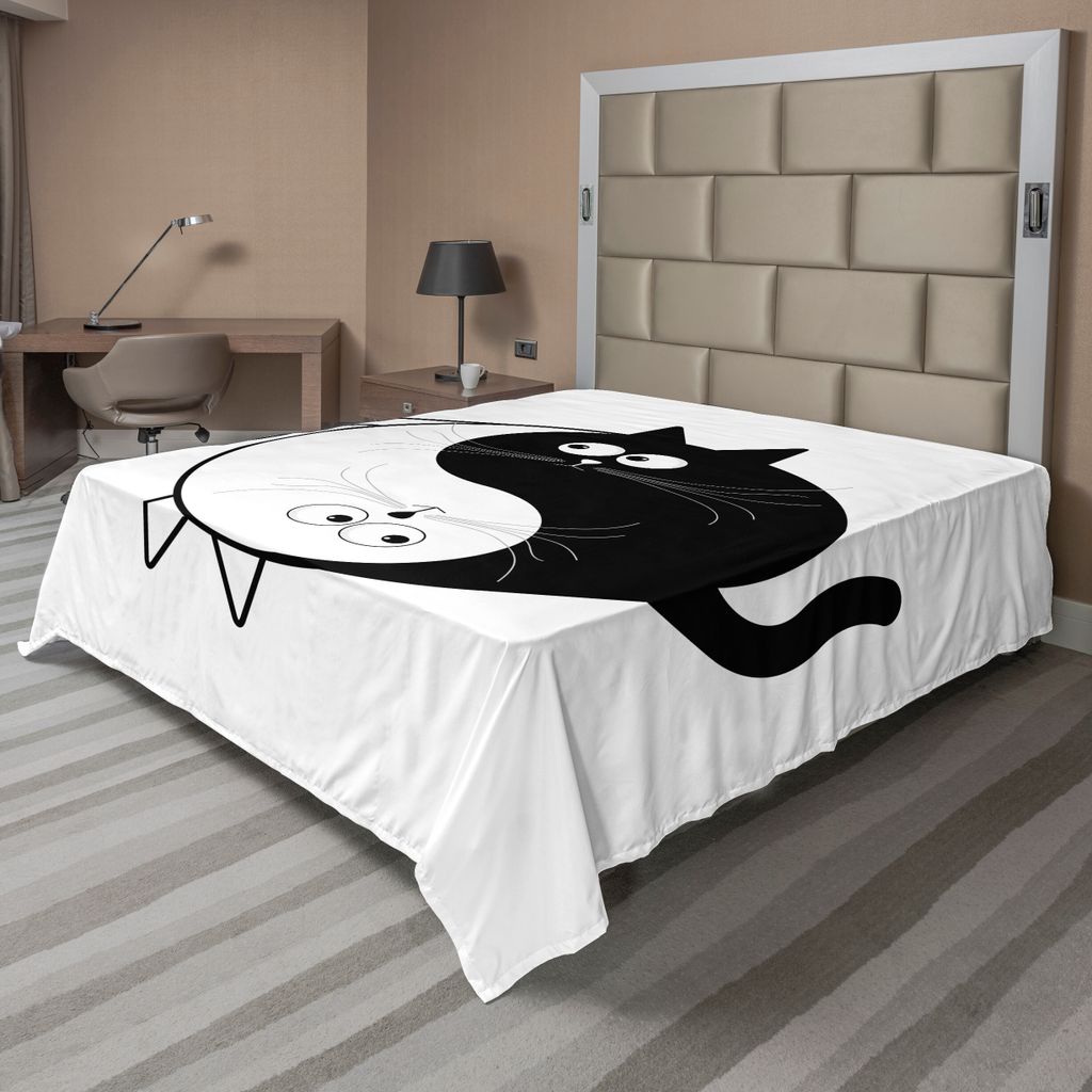 ABAKUHAUS Ying Yang Bettlaken, Katzen Umarmung, Die Einheit Ying Yang Karikatur Tiere Asia Feng Shui Umarmt, weiches bequemes oberes Bettlaken für...