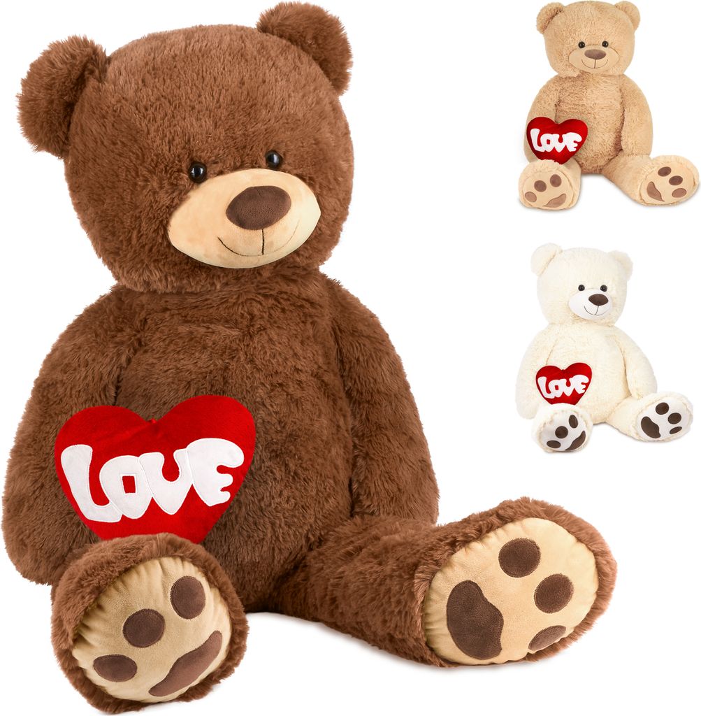 BRUBAKER XXL Teddybär 100 cm mit "Love" Herz - Stofftier Plüschtier Teddy Kuscheltier, Braun