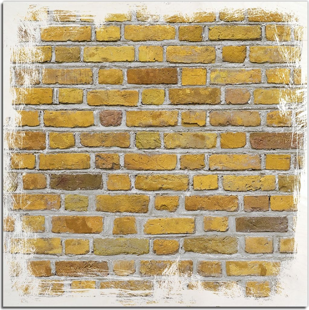 Kunstdrucke Wandbilder Holz in : Brillante Farben, Größe 50 x 50 cm Motiv Ziegelsteinwand in gelb - Backsteine