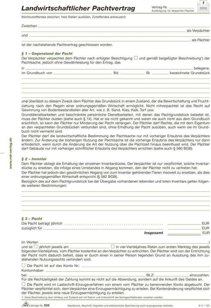 RNK Verlag 555 Contrat de bail agricole 4 pages pliées sur Image du produit 