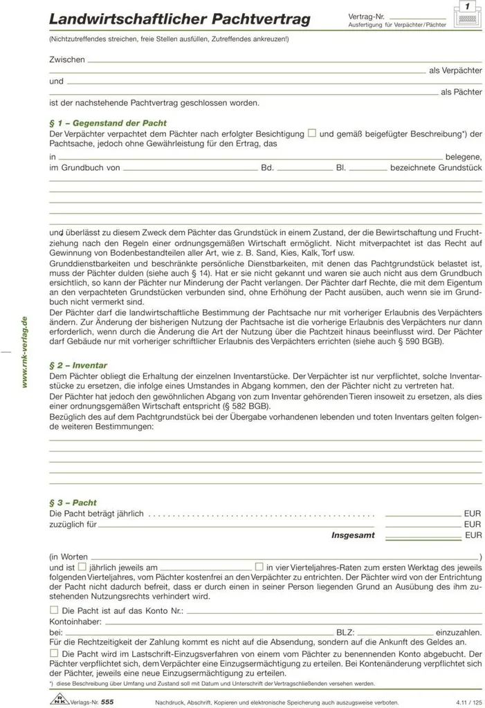 RNK Verlag 555 Modulo Contratto Affitto Agricolo - Standard A4 4 Pagine