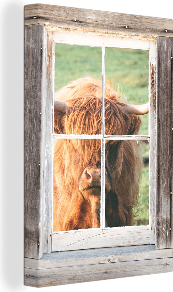 OneMillionCanvasses - Leinwandbilder - 90x140 cm, Schottisches Hochlandrind - Fenster - Holz - Ansicht, - Geöffnetes Fenster - Fensterblick Hoch...