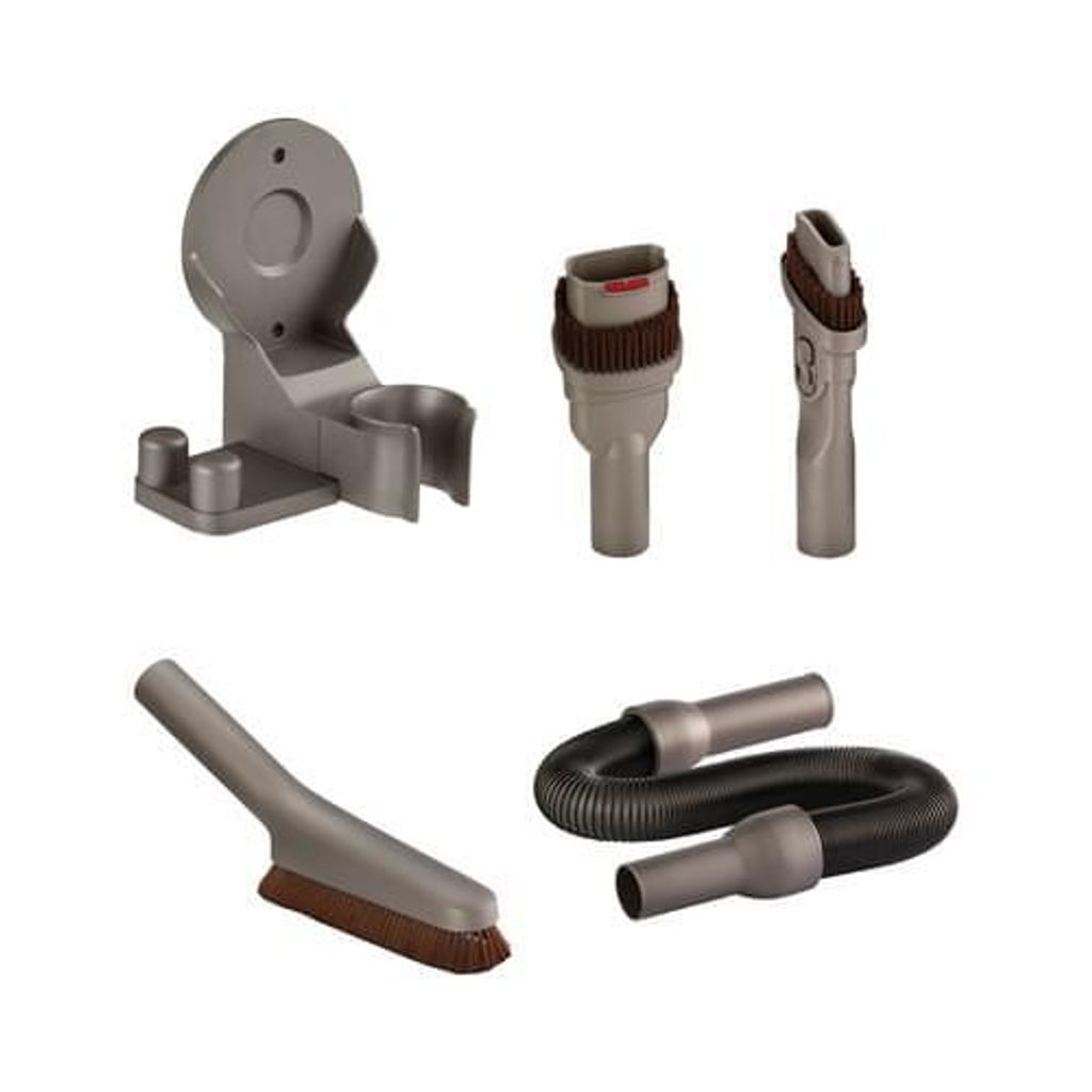 A collection of vacuum cleaner attachments and a wall mount, displayed against a white background.