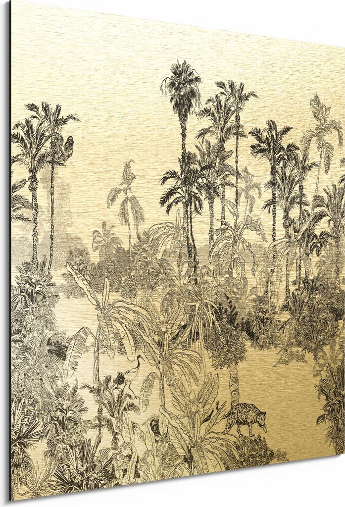 DEQORI Alu-Dibond Bild Gold 50x50 cm 'Botanische Wildnis' Wandbild Metall dünn Design