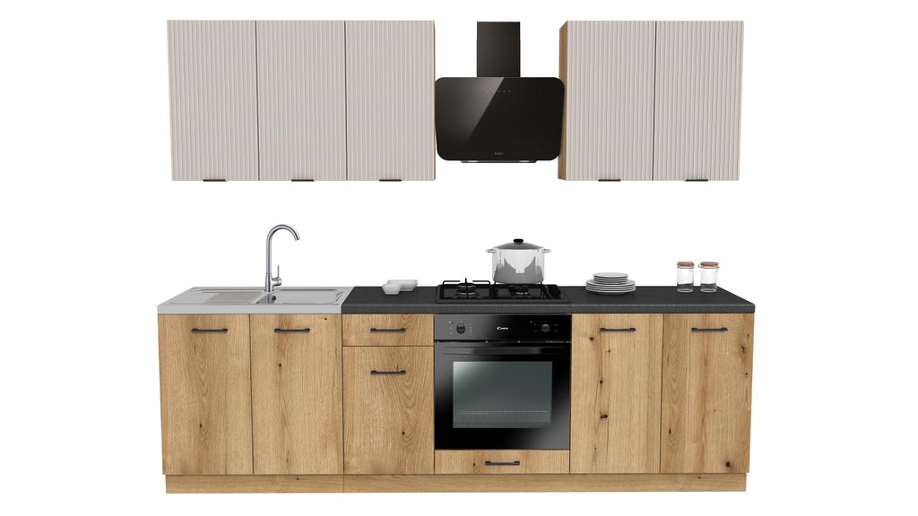 Küchenzeile 260 cm küche Küchenblock Einbauküche Mit Arbeitsplatte , SIMPLY Z10 - Kaschmir Rille/Eiche