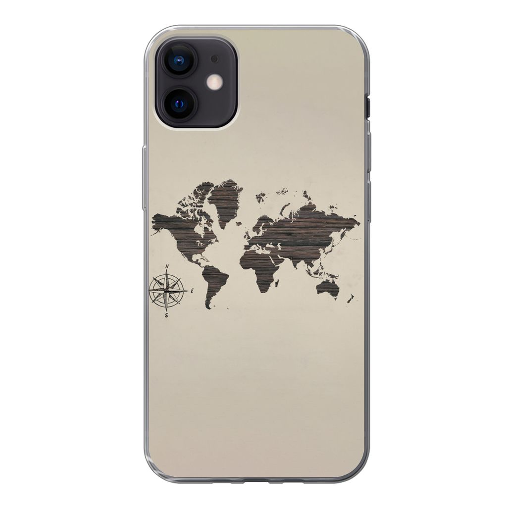 MuchoWow Handyhülle Schutzhülle Hülle für iPhone 12 mini Weltkarte - Holz - Braun Silikon Softcase Handy Hülle - Bild