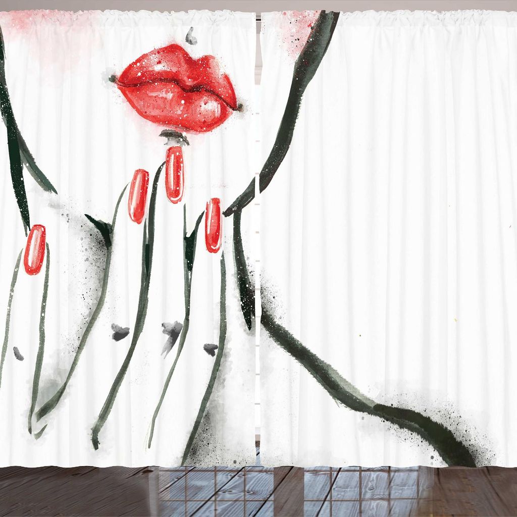 ARANDE Lippen Gardine, Skizziert Illustration einer Frau mit roten Nägeln und Blushed Cheeks, 280 x 260 cm, Charcoal Grau Weiß