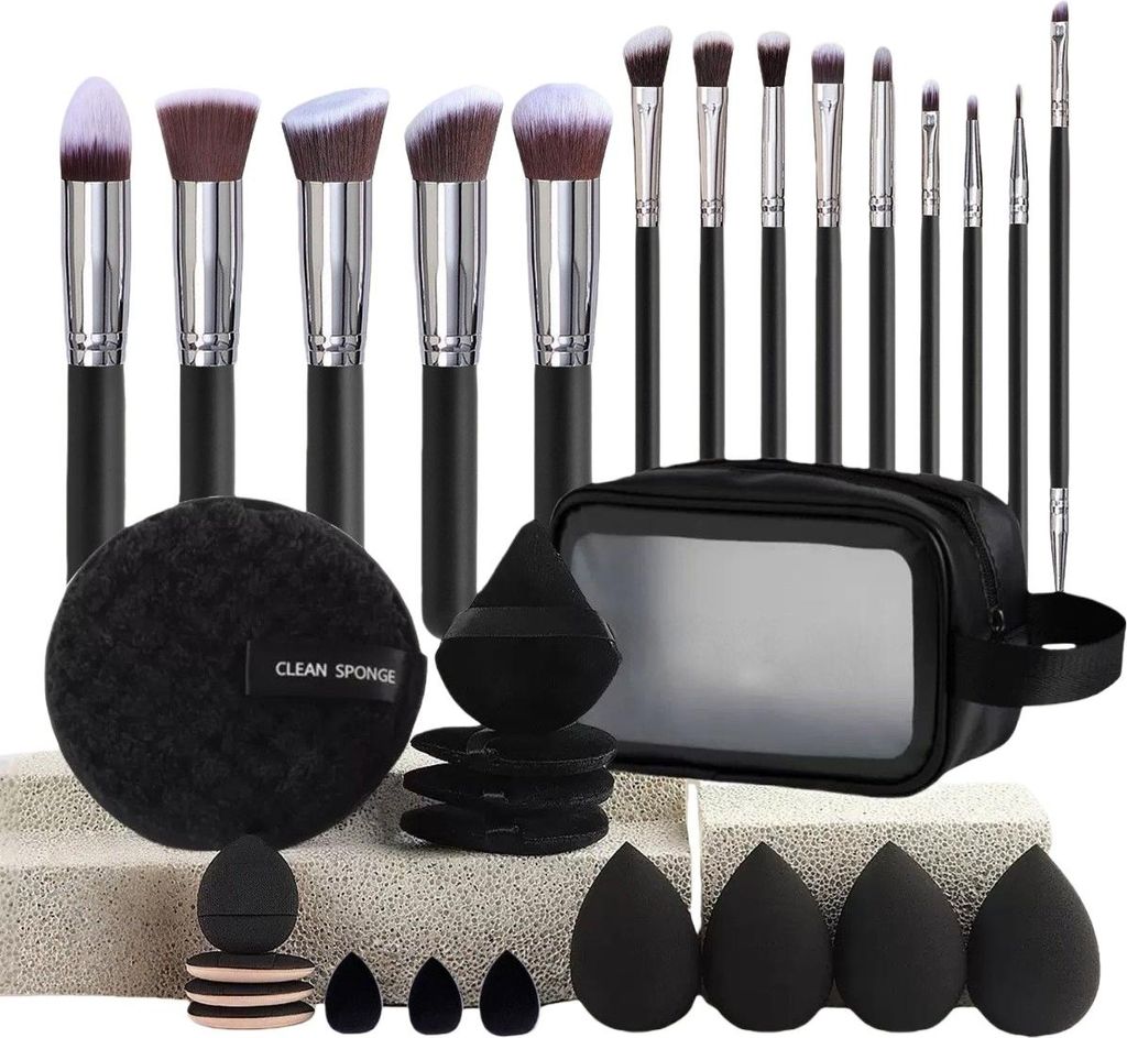 INF 14-teiliges Make-up Pinselset mit Schwämmen & Puffs - Lidschatten, Puder & Reise