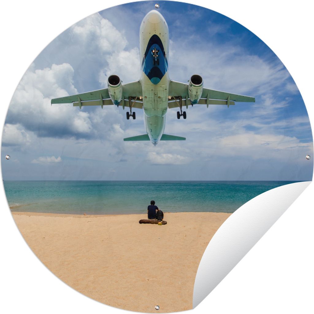 MuchoWow Gartenposter Outdoor-Poster Rund Strand - Meer - Flugzeuge Ø 90 cm Gartendeko Rundes Poster draußen