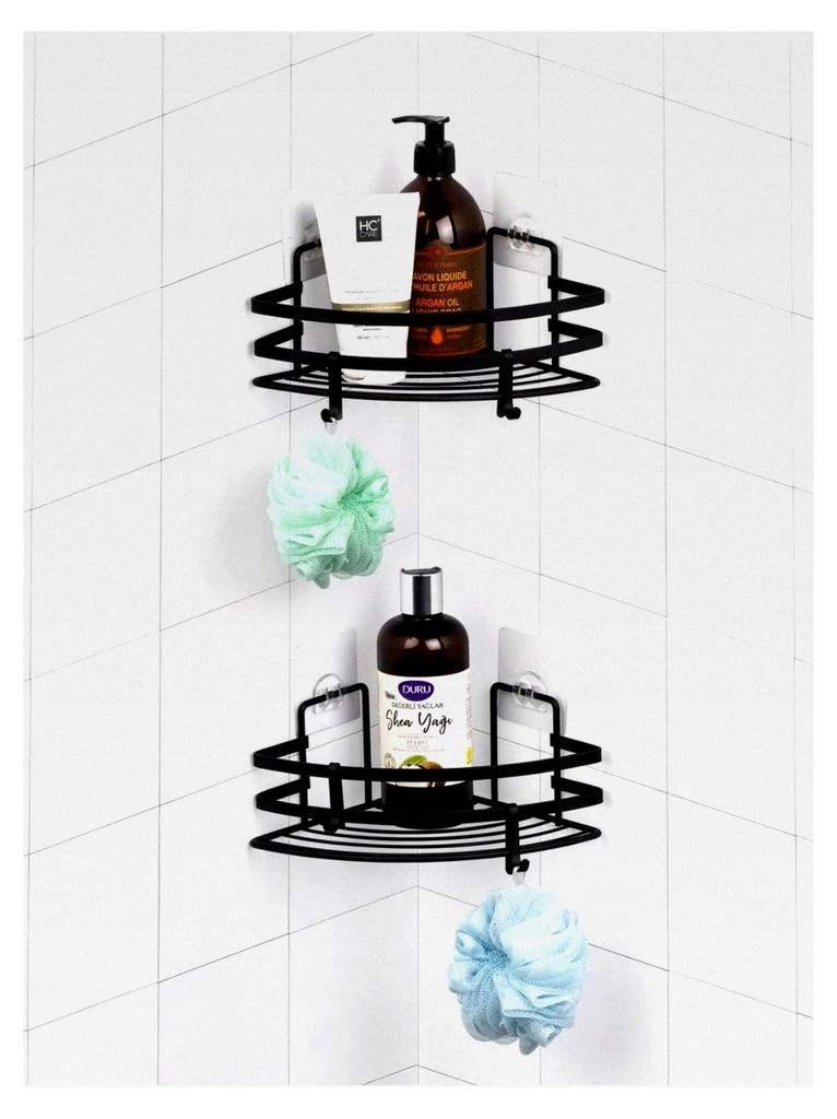 Duschablage ohne Bohren – Eck-Duschregal mit Haken – Rostfreier Duschkorb aus Edelstahl – Ablage für Badezimmer und Küche – Selbstklebend...