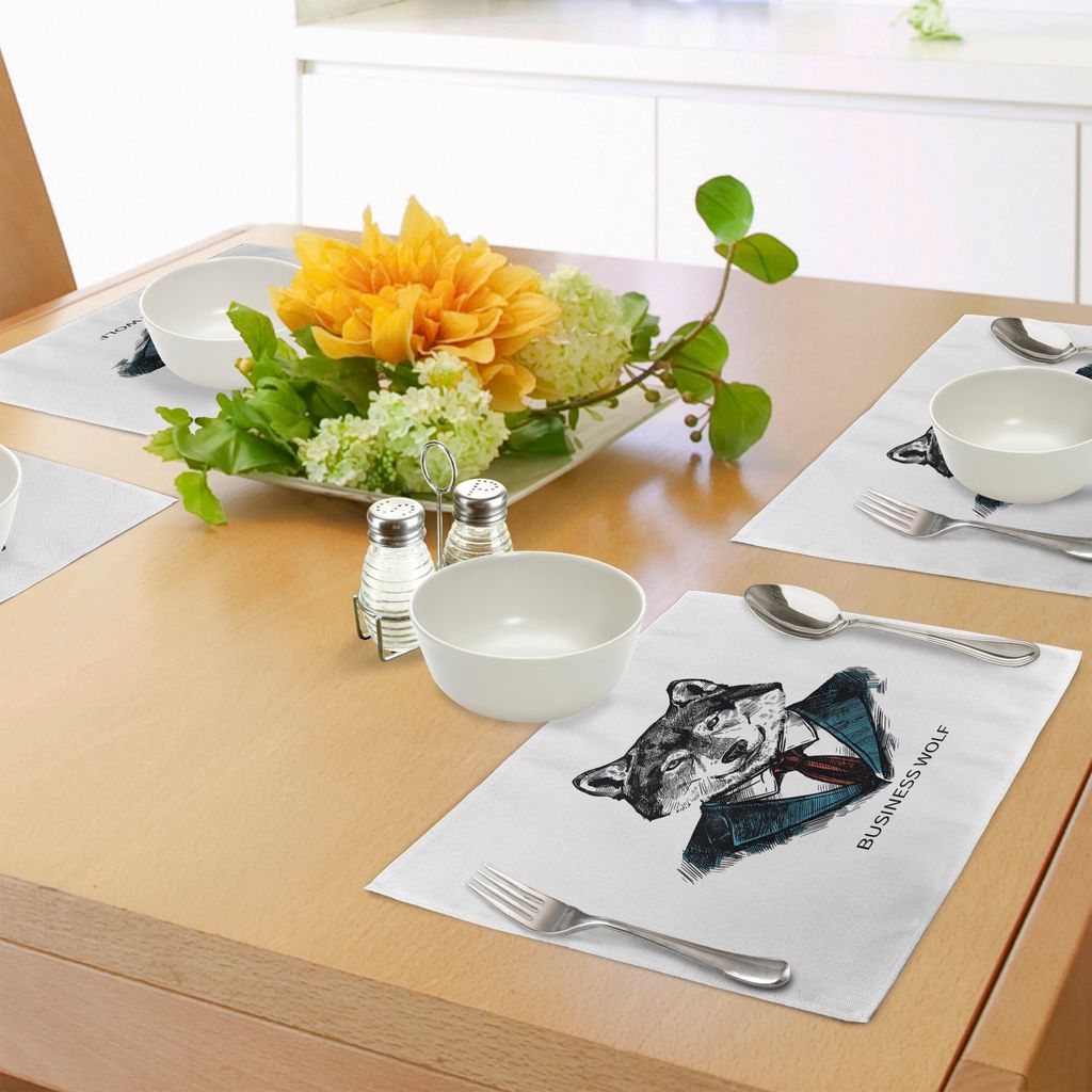 ABAKUHAUS Wolf Platzmatten, Business-Tier in Anzug mit Jacke Shirt und Krawatte Sketch Style Hipster Print, Tiscjdeco aus Farbfesten Stoff für das...