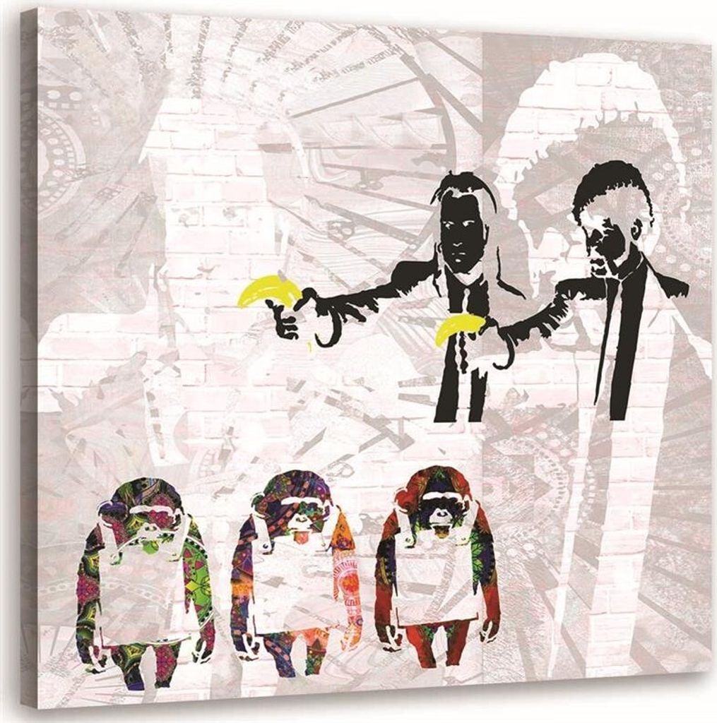 Leinwandbild banksy gangster mit bananen und 3 affen 50x50 cm Feeby grau wandbild bereit zum aufhängen