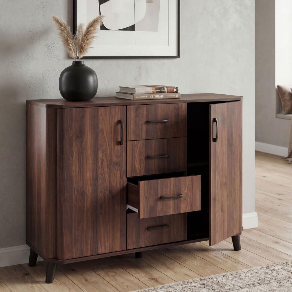 Kommode HWC-P42, Sideboard Schrank Anrichte, 4 Schubladen Staufächer 2 Türen, MDF 92x120x40cm Walnuss-Optik