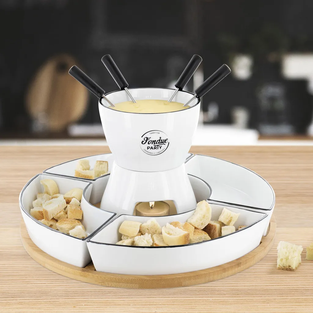 Service Fondue Anti-Désordre Support Bambou 4 Coupelles et 4 Pics