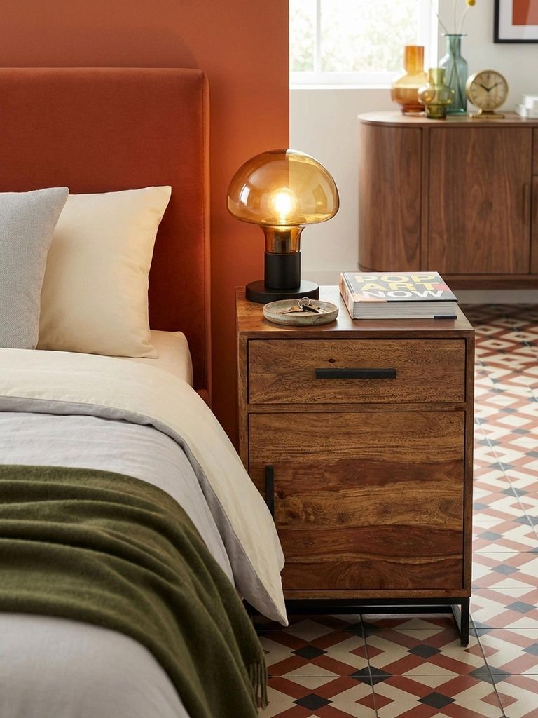Nachttisch Sheesham Massivholz / Metall 45x35x65 cm Nachtschrank Boxspringbett, Design Nachtkonsole mit Schublade und Tür, Nachtkommode Industrial...