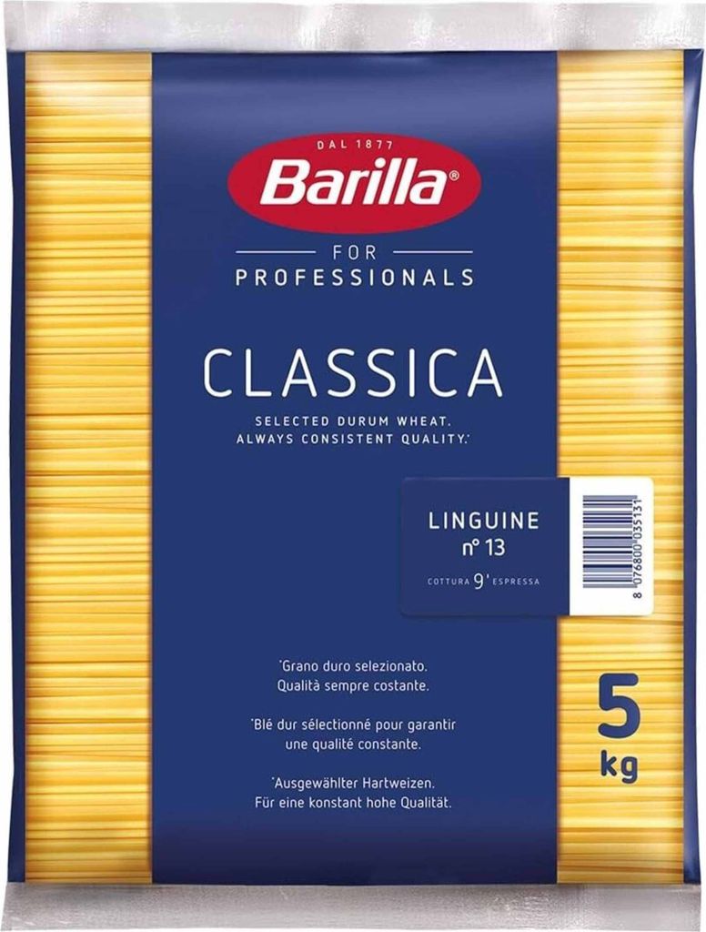 A bag of Barilla Linguine pasta.